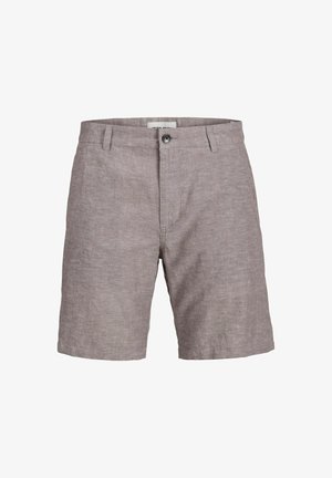 Svijetlosivi laneni šorts s teksturiranim završetkom, s prednjim kopčanjem na gumb, petljama za remen i bočnim džepovima.