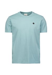 Lichtblauw katoenen T-shirt met een ronde hals, korte mouwen en een klein zwart hexagonaal logo op de borst. Glad materiaal met een casual ontwerp.