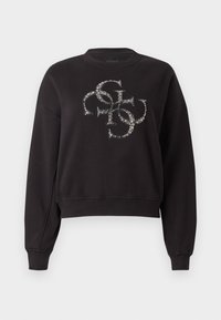 Zwarte sweatshirt met een cropped silhouet, ronde halslijn en een ingewikkeld logo-ontwerp met sprankelende versieringen aan de voorkant.