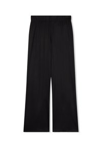 Pantaloni neri a gamba larga con vita elasticizzata, realizzati in tessuto leggero e liscio, caratterizzati da linee pulite e senza motivi o accenti visibili.