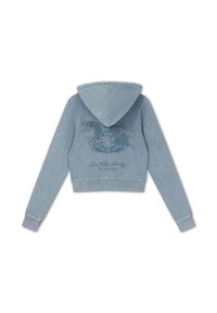 Blue cropped hoodie with long sleeves, a hood, and a dark graphic design featuring skulls and text on the back.