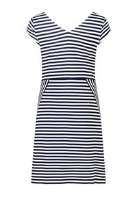 Striped dress in navy blue and white, featuring a V-neck, short sleeves, and side pockets; fitted bodice and flared skirt design.