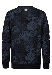 Černá mikina s tmavým vzorem listů a rostlin. Ribované manžety a lem, s kulatým výstřihem a měkkou texturou. Štítek na zadní straně.