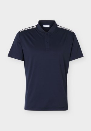 Polo a maniche corte blu navy con abbottonatura a due bottoni, collo alto e dettagli a righe bianche sulle spalle.