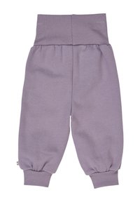 Zachte lavendelkleurige babybroekjes met hoge ribgebreide tailleband en ribgebreide boorden, losse pasvorm, gemaakt van comfortabele stof.