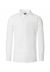 Witte lange mouwen knoop shirt, van katoen, klassieke kraag, enkele borstzak, gladde textuur en standaard knoopsluiting.