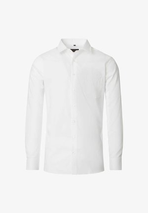Hvid langærmet skjorte med knapper, lavet af bomuldsstof, klassisk krave, enkelt brystlomme, glat tekstur og standard knaplukning.