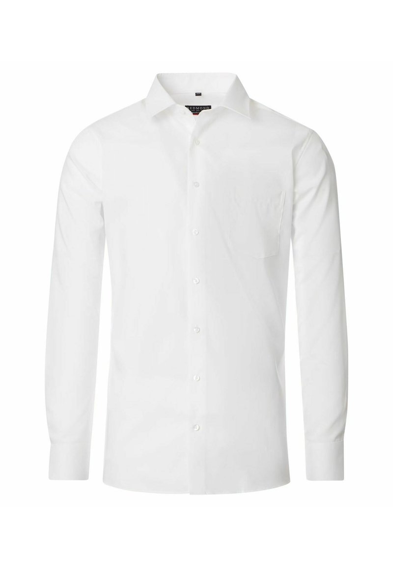 Witte lange mouwen knoop shirt, van katoen, klassieke kraag, enkele borstzak, gladde textuur en standaard knoopsluiting.