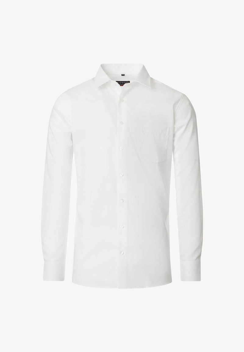 Witte lange mouwen knoop shirt, van katoen, klassieke kraag, enkele borstzak, gladde textuur en standaard knoopsluiting.