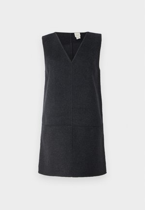 Dunkelgraues ärmelloses Kleid mit tiefem V-Ausschnitt, aus einem weichen Wollgemisch gefertigt, mit gerader Silhouette und Nahtdetails.