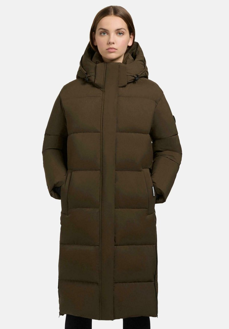Long, dark green puffer coat with a hood. Features a zip closure, large front pockets, and a quilted design with horizontal panels.