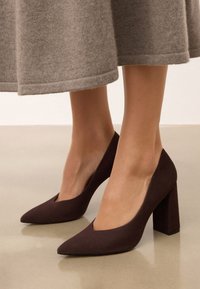 Brūni zamšādas augstpapēžu kurpes ar smailu purngalu un dziļu V-veida griezumu, ar masīlu papēdi un gludu tekstūru.