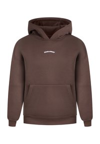 Felpa marrone con tasca a marsupio frontale, un logo bianco sopra la tasca e polsini e orlo a coste. Tessuto morbido con finitura texture.