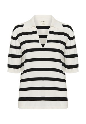 Pulover tricotat cu dungi în alb și negru, cu decolteu în V, mâneci scurte și croială lejeră.  Stoff moale, texturat.