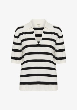 Csíkos kötött pulóver fehér és fekete színben, V-nyakkivágással, rövid ujjakkal és laza fazonnal. Puha, textúrált anyag.
