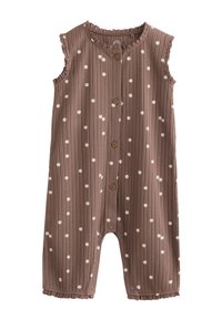 Barboteuse bébé marron côtelée sans manches avec motif de fleurs blanches, fermeture à boutons devant, pressions aux jambes et bords volantés au col et aux manches.