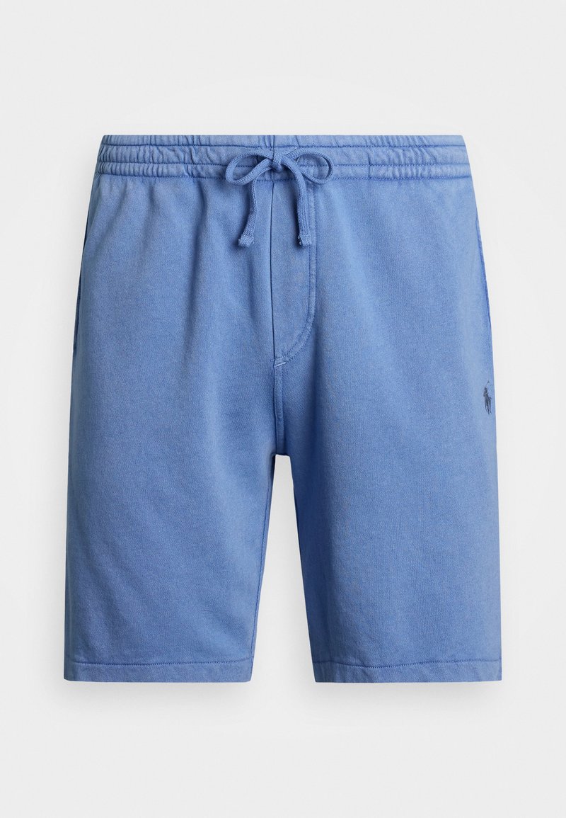 Mėlynos medvilninės šortai su elastinga juosta, reguliuojamu raišteliu ir šoninėmis kišenėmis. Kairėje kojoje yra mažas logotipas.