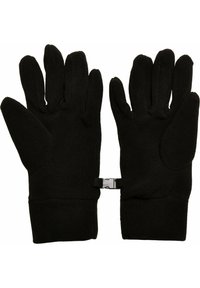 Mustad fleece kindad viie sõrmega, elastse mansetiga ja metallist lukuga kinnitamiseks. Pehme tekstuur ja sile viimistlus.