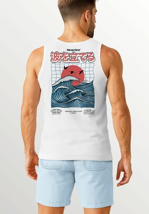 White tank top featuring a graphic design of waves and a red sun, with text in Japanese and English, on the back. Worn with light blue shorts.