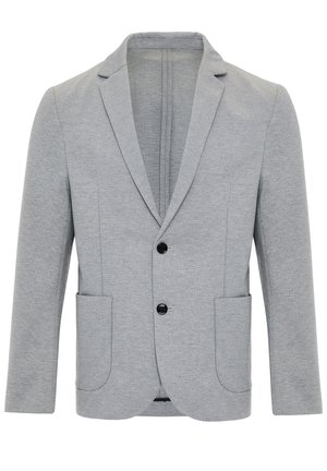 Blazer grigio realizzato in tessuto testurizzato, con rever a punta, due tasche frontali e due bottoni neri per la chiusura.