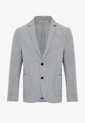 Grijze blazer van gestructureerde stof, met notch-lapels, twee voorzakken en twee zwarte knopen voor sluiting.