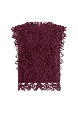 Ärmelloses burgunderrotes Spitzentop mit hohem Kragen, Blumenmustern, gezackten Rändern und filigranen Häkelarbeiten.