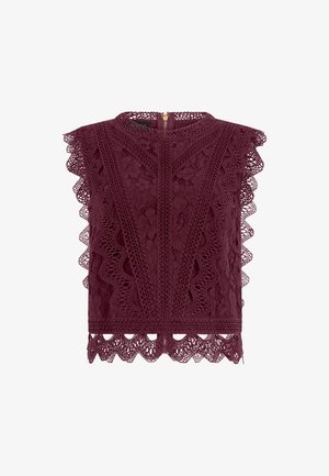 Ärmelloses burgunderrotes Spitzentop mit hohem Kragen, Blumenmustern, gezackten Rändern und filigranen Häkelarbeiten.