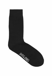 Schwarze Baumwollsocke mit geripptem Bündchen, auf der Seite steht der Text "JACK & JONES" in Weiß, standardmäßiges Knöchellängen-Design.