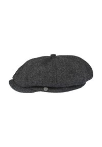 Gorra de noticias de lana gris con una corona redondeada, visera curvada y un detalle de botón metálico en el lado. Textura suave con un diseño clásico.