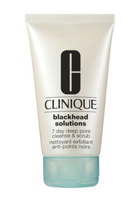 Tube de solutions contre les points noirs de Clinique, blanc avec un capuchon turquoise, comporte du texte noir et un logo 'C' en évidence ; étiqueté pour un nettoyage en profondeur des pores.