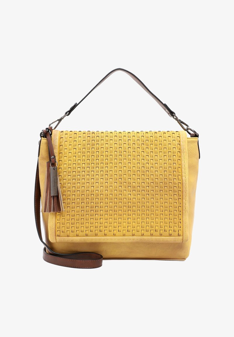 Sac à main en cuir jaune avec un design tissé sur le devant, bandoulière en cuir marron et pompon décoratif. Texture lisse avec des accents sur les bords.