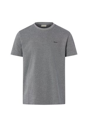 Graues T-Shirt aus Baumwolle mit kurzen Ärmeln, Rundhalsausschnitt und kleinem schwarzem "GANT"-Logo auf der linken Brust, schlichtes Design.