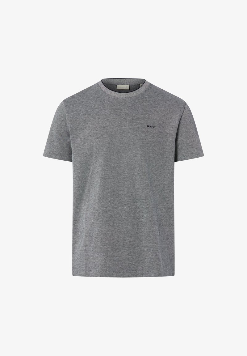 T-shirt gris à manches courtes en coton, col rond, avec petit logo noir "GANT" sur la poitrine gauche, design uni.