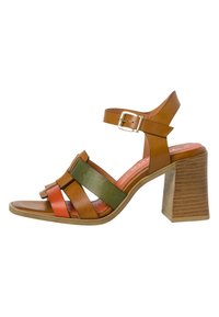 Brown leather heeled sandal with multicolored straps in brown, green, and orange. Features a chunky heel and ankle strap with buckle.