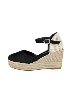 Sandalia de cuña negra con punta cerrada y correa en el tobillo, contrafuerte tejido en beige y plataforma trenzada de yute.