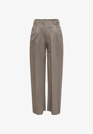 Svetlohnedé nohavice so širokými nohavicami vyrobené z mäkkého materiálu, s elastickým pásom a dvoma dekoratívnymi gombíkmi, a bočnými záhybmi.