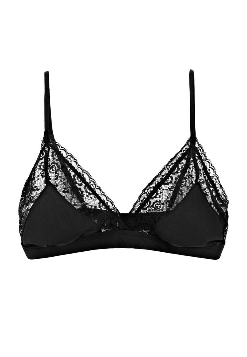 Czarny biustonosz typu bralette z koronkowymi detalami na miseczkach, cienkimi regulowanymi ramiączkami i gładkim podbiciem. Miękka tekstura, trójkątny kształt.