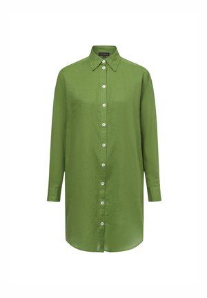 Grüne Button-up-Bluse aus leichtem Stoff, mit Kragen, langen Ärmeln und geradem Schnitt mit vorderem Knopfverschluss.