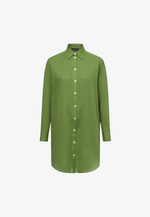Green button-up shirt made of lightweight fabric, featuring a collar, long sleeves, and a straight cut with front button closure.