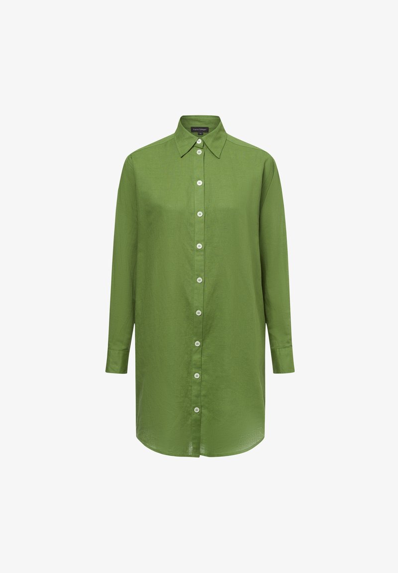 Grüne Button-up-Bluse aus leichtem Stoff, mit Kragen, langen Ärmeln und geradem Schnitt mit vorderem Knopfverschluss.