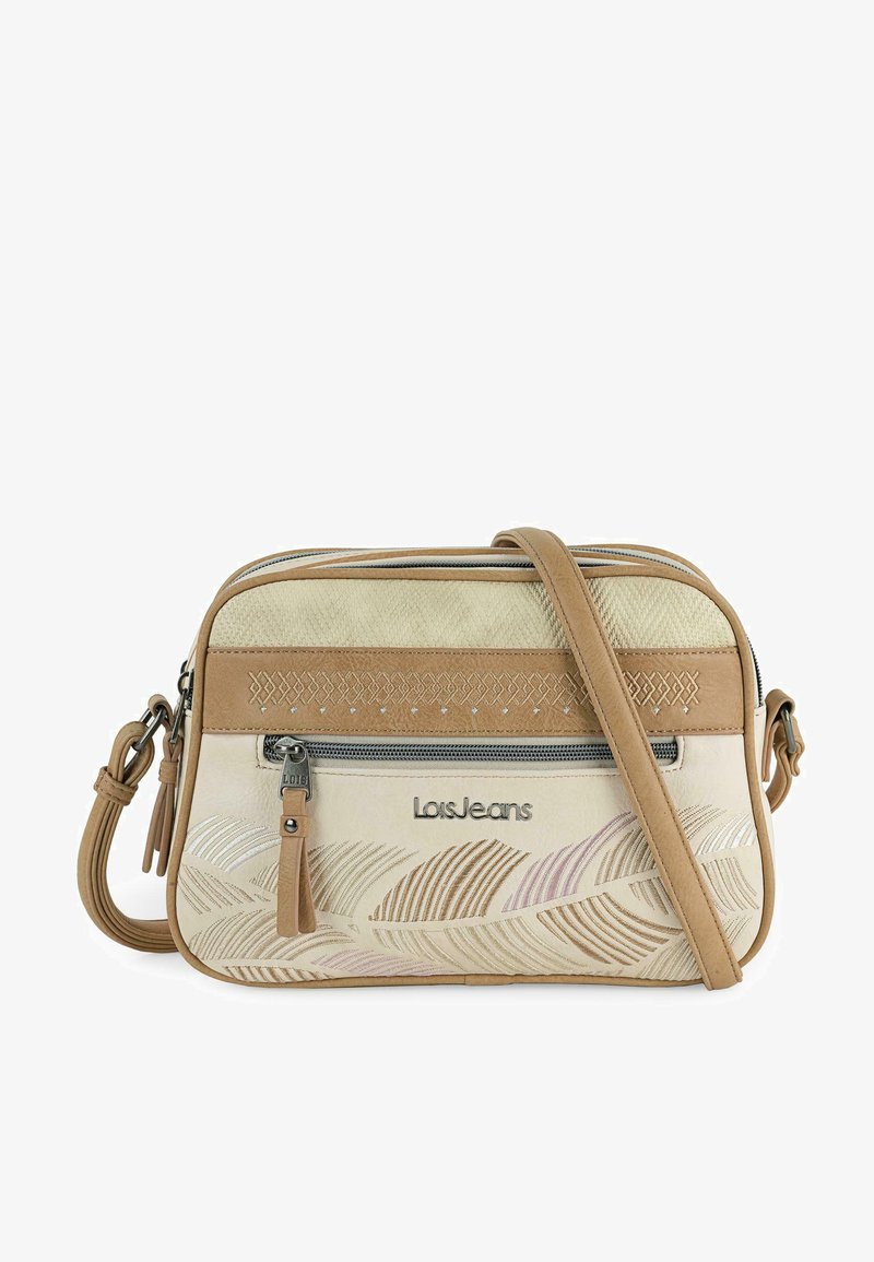 Bolso bandolera en cuero beige y marrón con patrón de oleaje bordado, bolsillo frontal con cremallera, correa ajustable y detalle de logotipo.