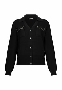 Black knitted cardigan with a V-neck, button front, and two chest pockets adorned with decorative studs. Ribbed cuffs and hem.