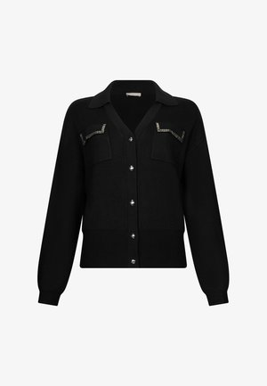 Zwarte gebreide cardigan met een V-hals, knopen aan de voorkant en twee borstzakken versierd met decoratieve studds. Geribbelde manchetten en zoom.
