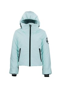 Veste isolée bleu clair avec capuche, fermeture éclair à l'avant, accents noirs, deux poches zippées et détail de logo sur la manche.