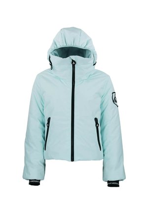 Veste isolée bleu clair avec capuche, fermeture éclair à l'avant, accents noirs, deux poches zippées et détail de logo sur la manche.