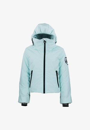 Veste isolée bleu clair avec capuche, fermeture éclair à l'avant, accents noirs, deux poches zippées et détail de logo sur la manche.