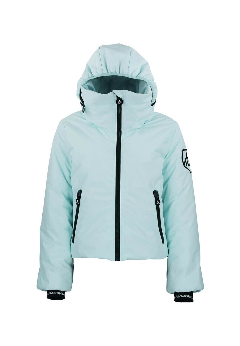 Veste isolée bleu clair avec capuche, fermeture éclair à l'avant, accents noirs, deux poches zippées et détail de logo sur la manche.