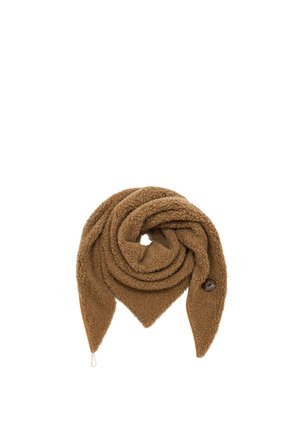 Brown soft fleece scarf folded into a triangle with one visible dark button near the tip on a plain white background.
