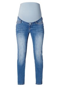 Těhotenské skinny džíny ve světle modrém denimu s pružným pasem přes bříško, pěti kapsami a efektem vybledlého praní.