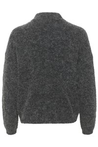 Dark gray, fuzzy sweater with a high collar, oversized fit, and ribbed cuffs. Soft texture, no visible fastenings or patterns on the back.